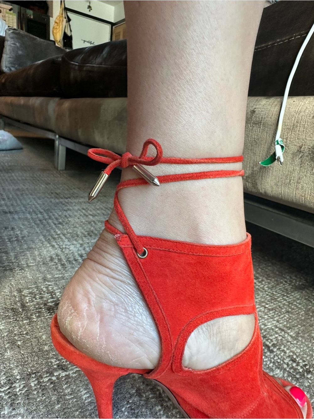 Aquazzura Red Suede Lace-Up Peep Toe Heels - Picture 3 of 8